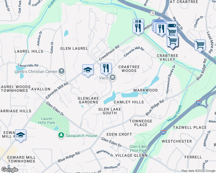 map of restaurants, bars, coffee shops, grocery stores, and more near 4131 Parklake Avenue in Raleigh