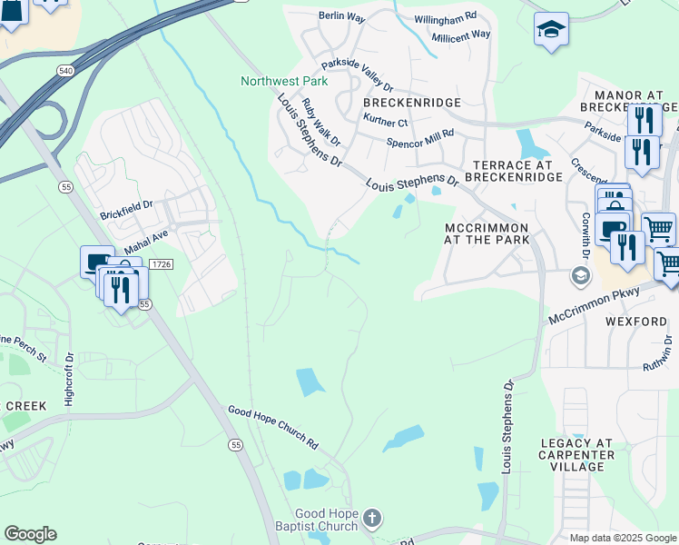 map of restaurants, bars, coffee shops, grocery stores, and more near 517 Pilot Hill Drive in Morrisville