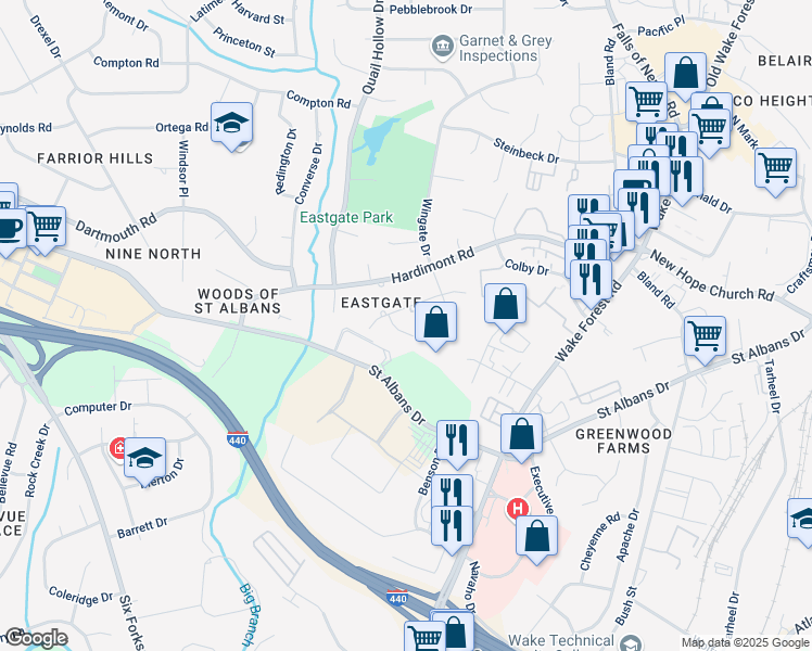 map of restaurants, bars, coffee shops, grocery stores, and more near 1000 Winona Road in Raleigh
