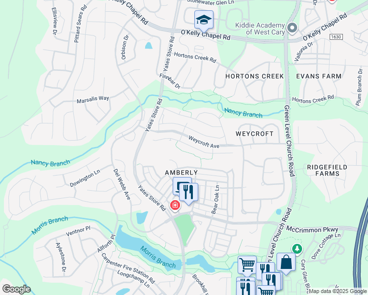 map of restaurants, bars, coffee shops, grocery stores, and more near 1108 Canyon Shadows Court in Cary