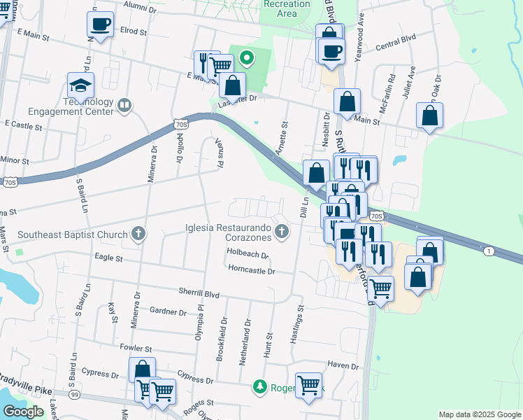 map of restaurants, bars, coffee shops, grocery stores, and more near 602 Dill Lane in Murfreesboro