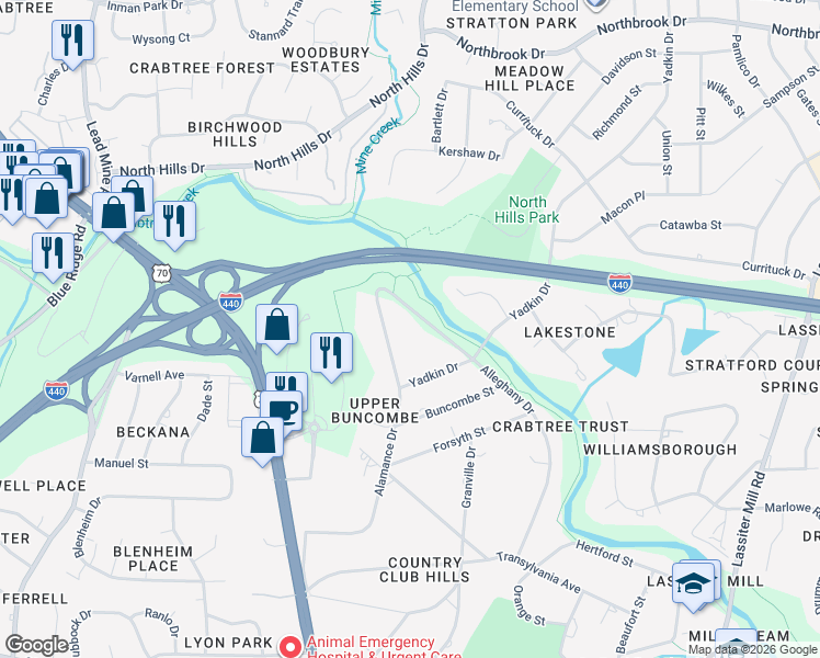 map of restaurants, bars, coffee shops, grocery stores, and more near 3625 Alleghany Drive in Raleigh