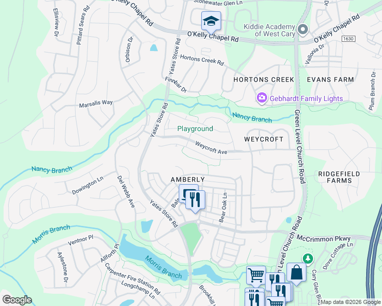 map of restaurants, bars, coffee shops, grocery stores, and more near 1108 Canyon Shadows Court in Cary