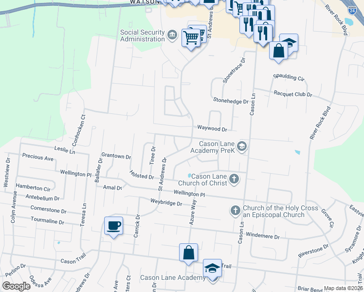 map of restaurants, bars, coffee shops, grocery stores, and more near 3003 Roscommon Drive in Murfreesboro