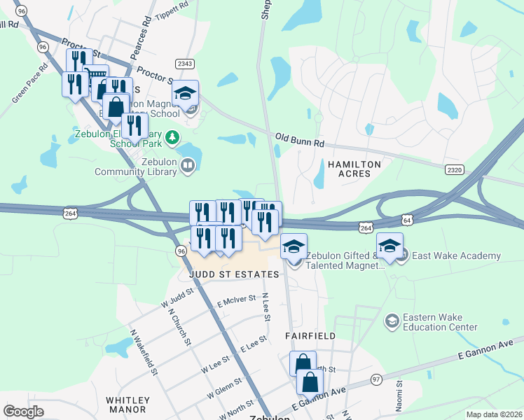 map of restaurants, bars, coffee shops, grocery stores, and more near 1113 Shepard School Road in Zebulon