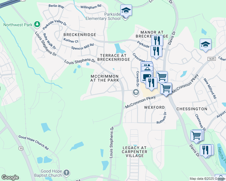 map of restaurants, bars, coffee shops, grocery stores, and more near 512 Perrault Drive in Morrisville