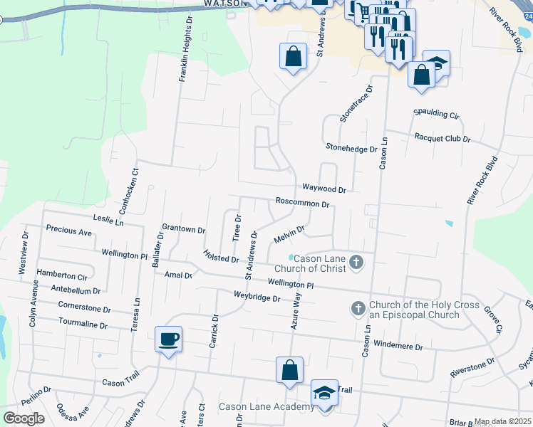 map of restaurants, bars, coffee shops, grocery stores, and more near 1182 Everton Drive in Murfreesboro