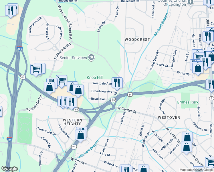 map of restaurants, bars, coffee shops, grocery stores, and more near 101 Buena Vista Drive in Lexington