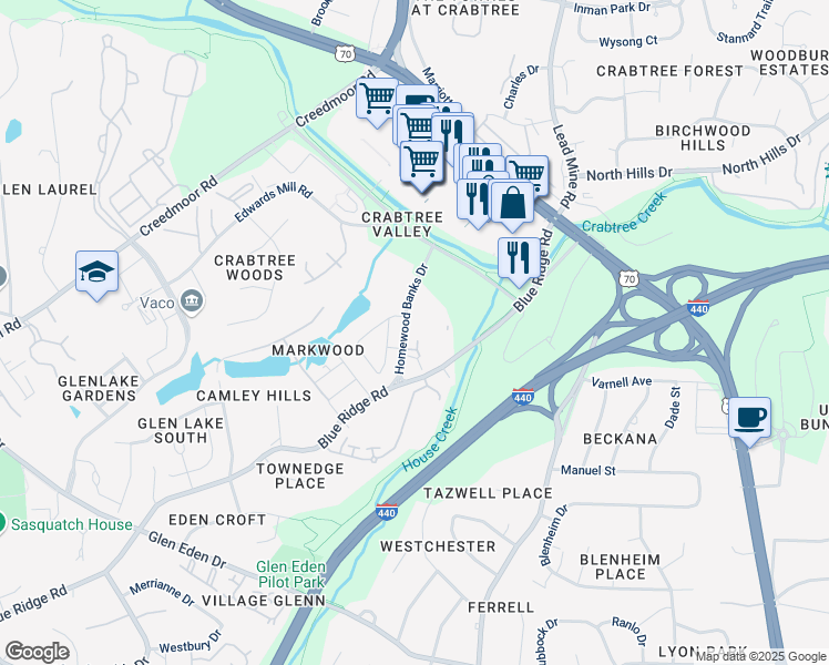 map of restaurants, bars, coffee shops, grocery stores, and more near 4470 Vilana Ridge in Raleigh