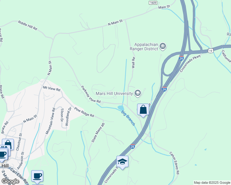 map of restaurants, bars, coffee shops, grocery stores, and more near 751 Parkway View Road in Mars Hill