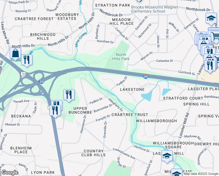 map of restaurants, bars, coffee shops, grocery stores, and more near 3821 Yadkin Drive in Raleigh