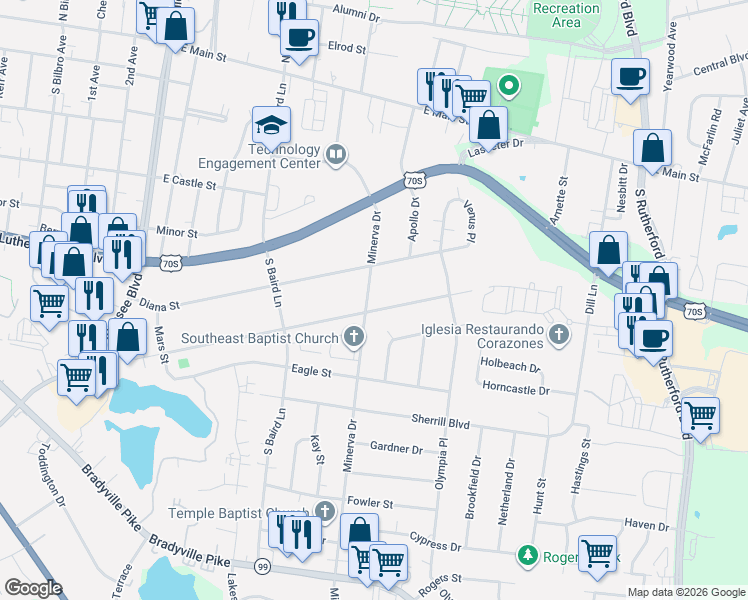 map of restaurants, bars, coffee shops, grocery stores, and more near 1617 Atlas Street in Murfreesboro