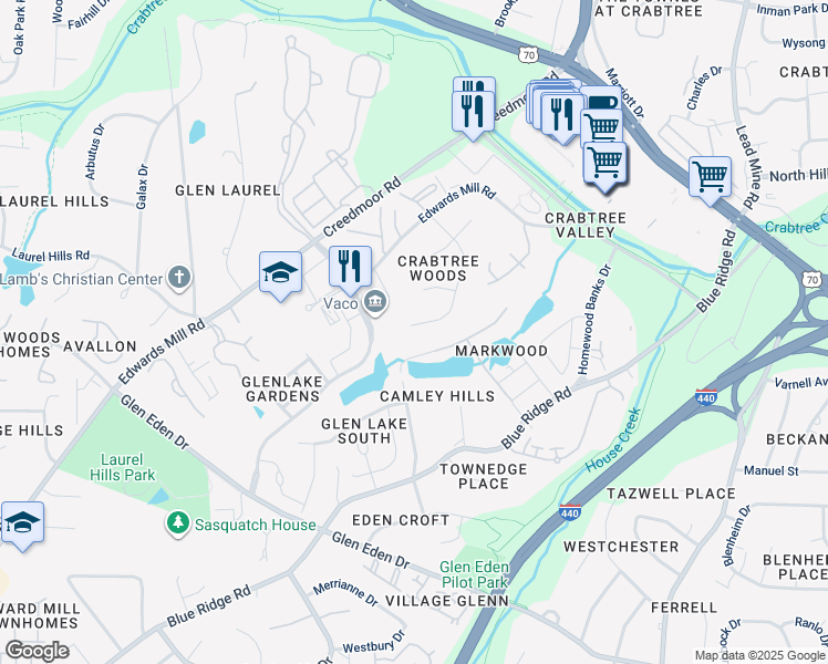 map of restaurants, bars, coffee shops, grocery stores, and more near 4000 Arckelton Drive in Raleigh