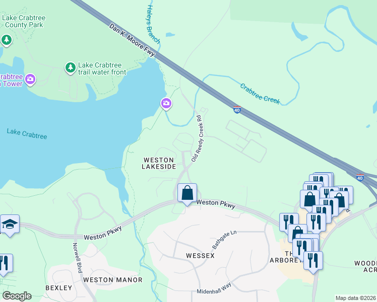 map of restaurants, bars, coffee shops, grocery stores, and more near 2076 Lakeside Lofts Circle in Cary
