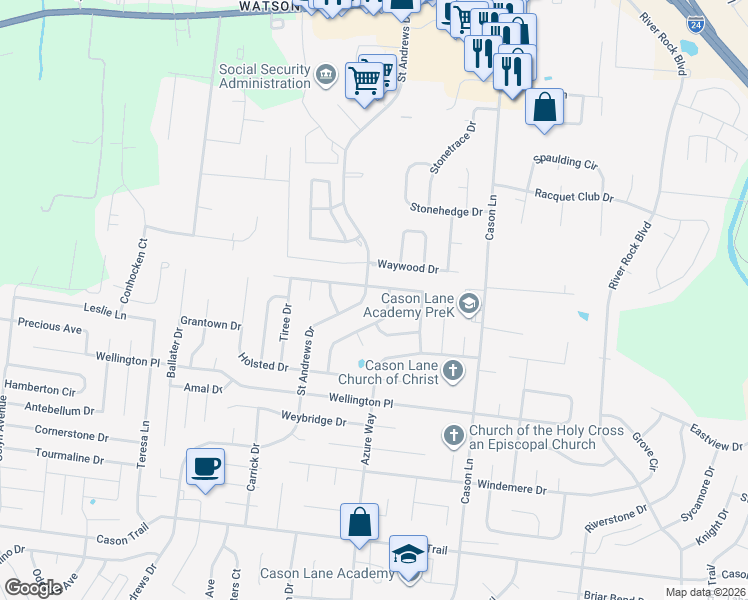 map of restaurants, bars, coffee shops, grocery stores, and more near 3003 Roscommon Drive in Murfreesboro