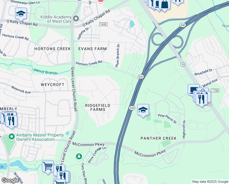map of restaurants, bars, coffee shops, grocery stores, and more near 1520 Cavalcade Drive in Cary