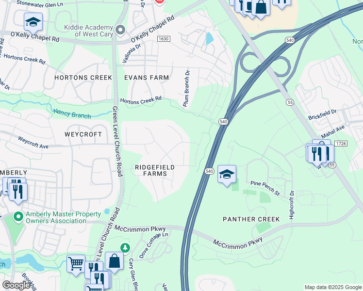map of restaurants, bars, coffee shops, grocery stores, and more near 1520 Cavalcade Drive in Cary