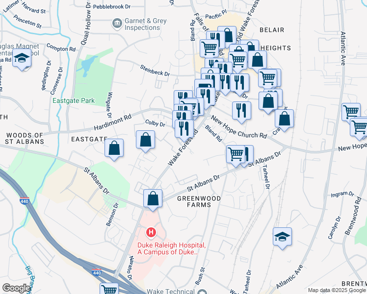 map of restaurants, bars, coffee shops, grocery stores, and more near Wake Forest Rd & Colby Dr in Raleigh