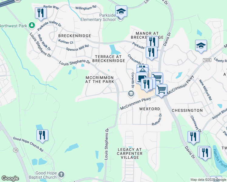 map of restaurants, bars, coffee shops, grocery stores, and more near 412 Perrault Drive in Morrisville