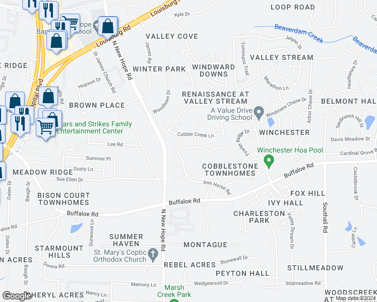map of restaurants, bars, coffee shops, grocery stores, and more near 4013 Old Coach Road in Raleigh