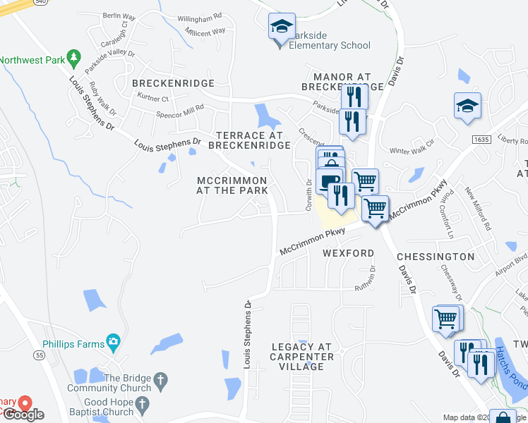 map of restaurants, bars, coffee shops, grocery stores, and more near 412 Perrault Drive in Morrisville