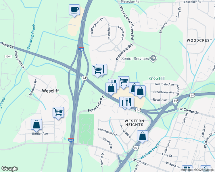 map of restaurants, bars, coffee shops, grocery stores, and more near 140 Forest Hill Road in Lexington