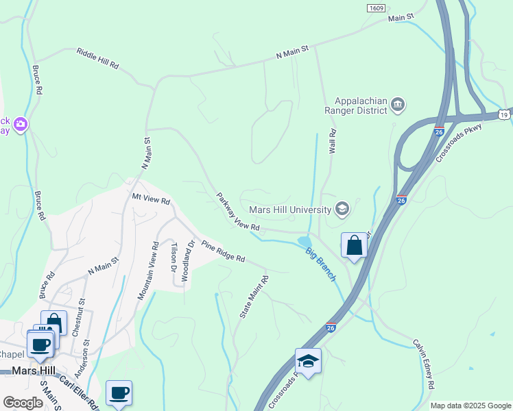 map of restaurants, bars, coffee shops, grocery stores, and more near 491 Parkway View Road in Mars Hill