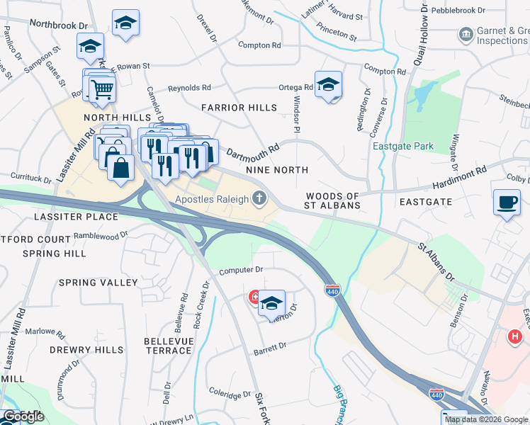 map of restaurants, bars, coffee shops, grocery stores, and more near 333 Saint Albans Drive in Raleigh