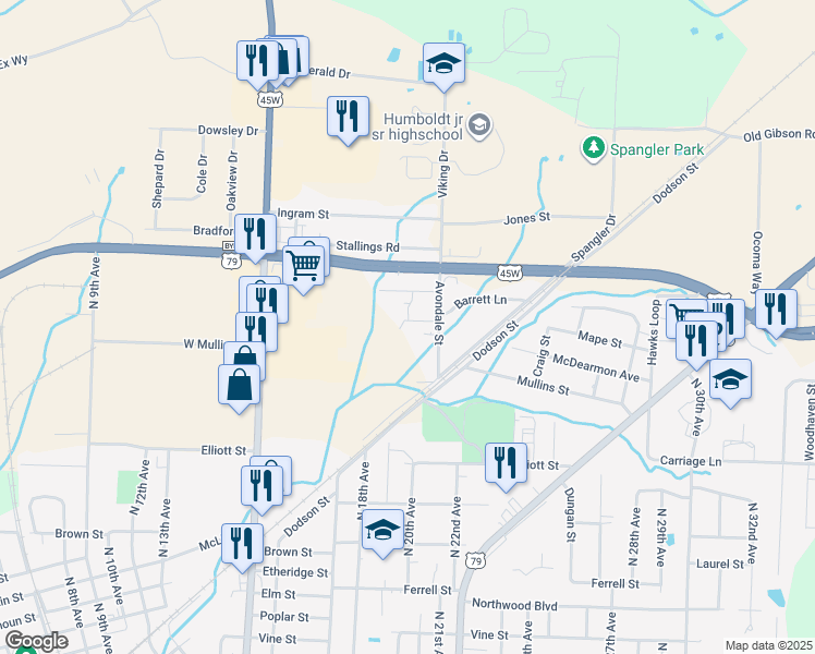 map of restaurants, bars, coffee shops, grocery stores, and more near 2035 Barrett Lane in Humboldt