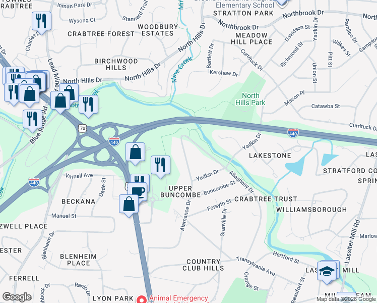 map of restaurants, bars, coffee shops, grocery stores, and more near 3625 Alamance Drive in Raleigh