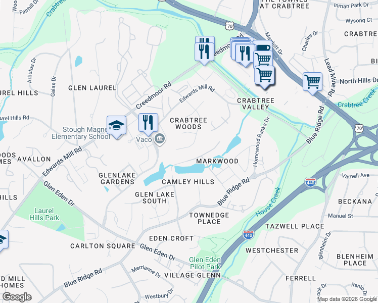 map of restaurants, bars, coffee shops, grocery stores, and more near 4018 Arckelton Drive in Raleigh