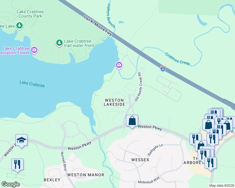map of restaurants, bars, coffee shops, grocery stores, and more near 1430 Umstead Hollow Place in Cary