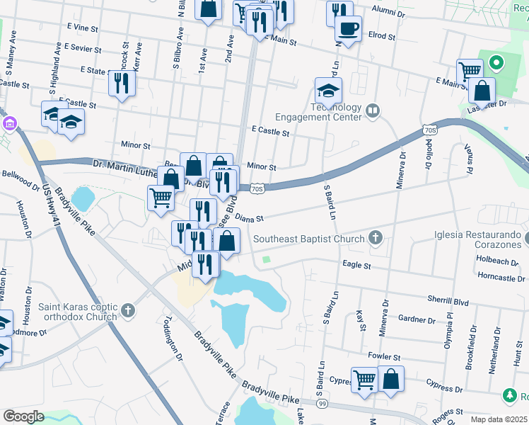 map of restaurants, bars, coffee shops, grocery stores, and more near 1315 Diana Street in Murfreesboro