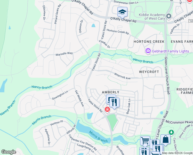 map of restaurants, bars, coffee shops, grocery stores, and more near 1004 Canyon Shadows Court in Cary