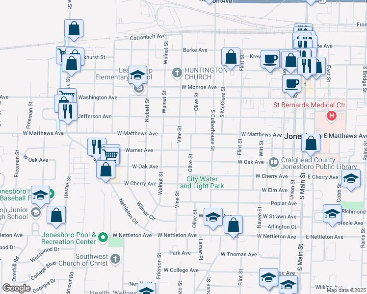 map of restaurants, bars, coffee shops, grocery stores, and more near 818 Warner Avenue in Jonesboro
