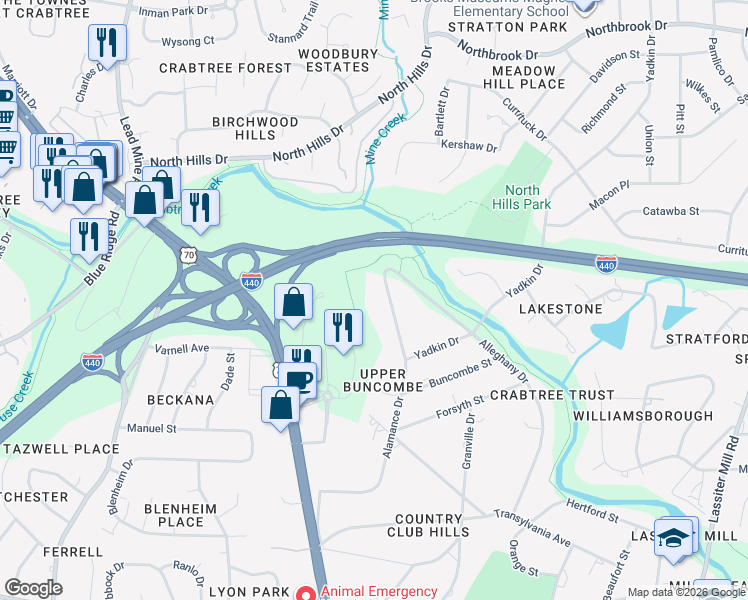 map of restaurants, bars, coffee shops, grocery stores, and more near 3625 Alamance Drive in Raleigh