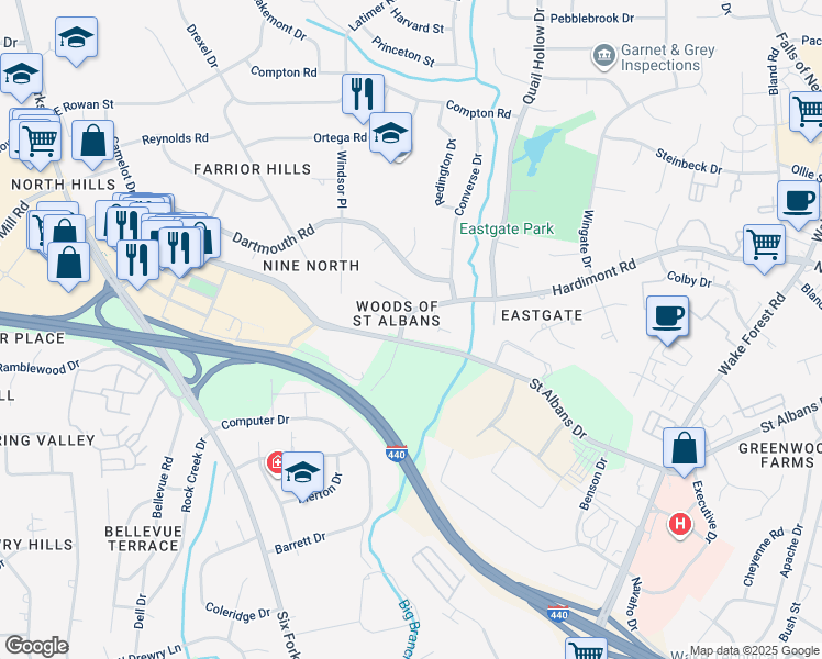 map of restaurants, bars, coffee shops, grocery stores, and more near 604 Hardimont Road in Raleigh
