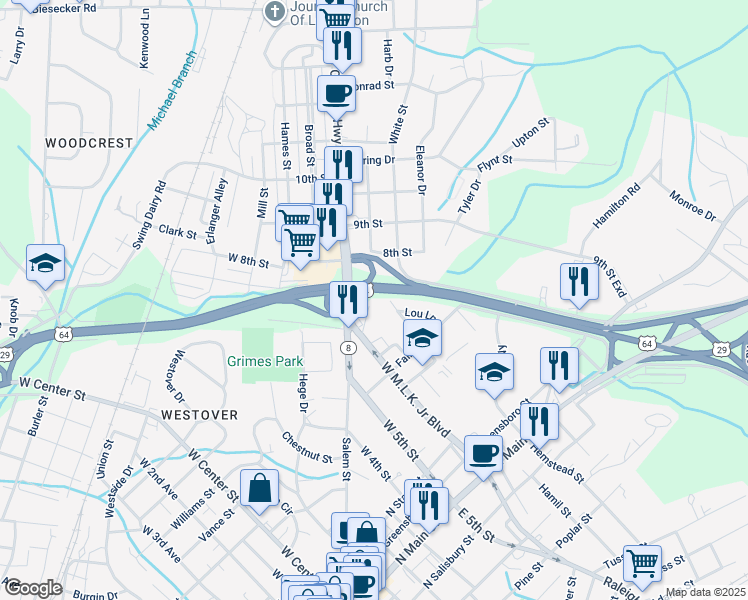 map of restaurants, bars, coffee shops, grocery stores, and more near 335 Temple Street in Lexington