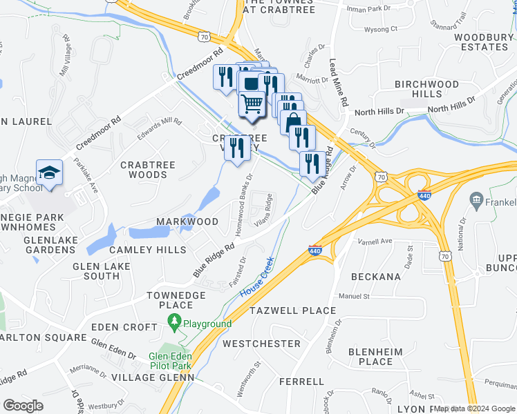 map of restaurants, bars, coffee shops, grocery stores, and more near Vilana Ridge in Raleigh