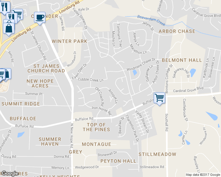 map of restaurants, bars, coffee shops, grocery stores, and more near 4429 Antique Lane in Raleigh