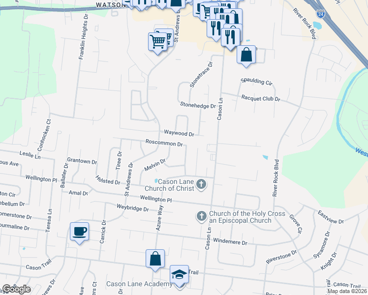map of restaurants, bars, coffee shops, grocery stores, and more near 1106 Havering Drive in Murfreesboro