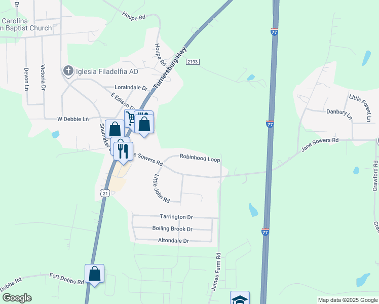 map of restaurants, bars, coffee shops, grocery stores, and more near 135 Robinhood Loop in Statesville