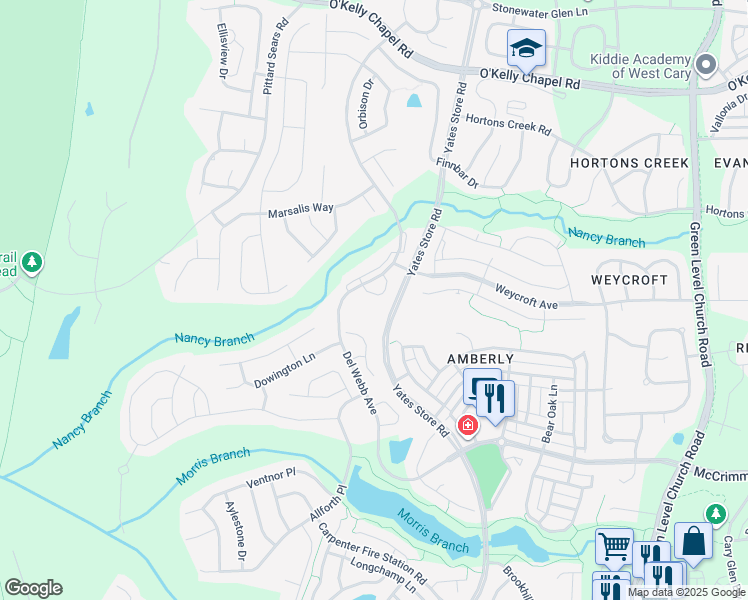 map of restaurants, bars, coffee shops, grocery stores, and more near 716 Hornchurch Loop in Cary