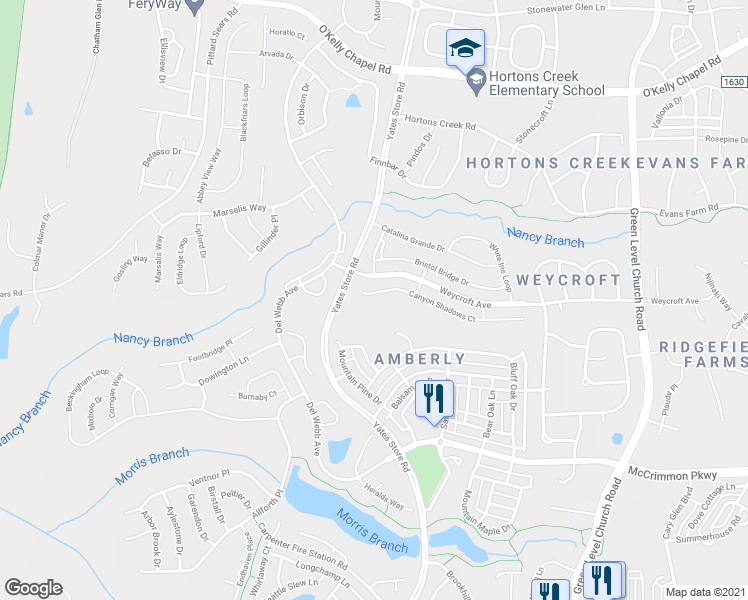 map of restaurants, bars, coffee shops, grocery stores, and more near 1032 Canyon Shadows Court in Cary