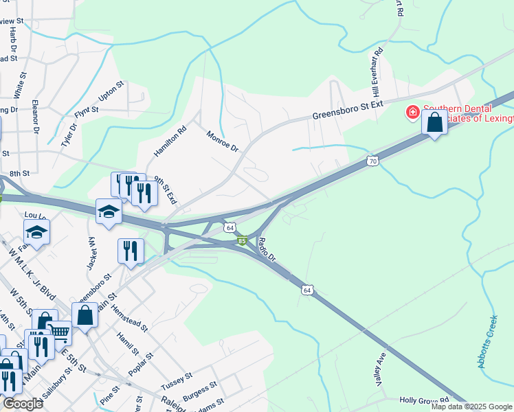 map of restaurants, bars, coffee shops, grocery stores, and more near Piedmont Drive in Lexington