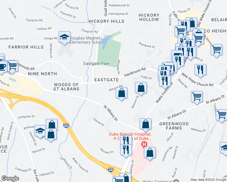 map of restaurants, bars, coffee shops, grocery stores, and more near 1000 Winona Road in Raleigh