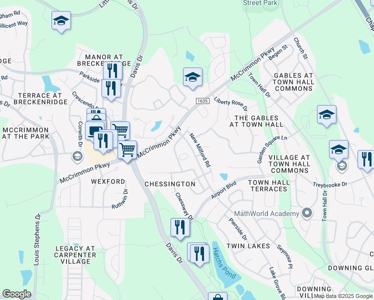 map of restaurants, bars, coffee shops, grocery stores, and more near 252 Duck Mill Circle in Cary