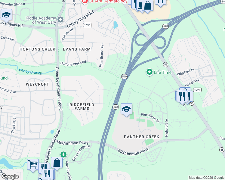map of restaurants, bars, coffee shops, grocery stores, and more near Western Wake Freeway in Cary
