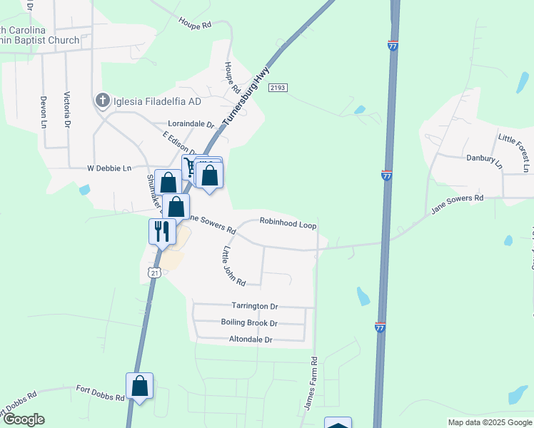 map of restaurants, bars, coffee shops, grocery stores, and more near 135 Robinhood Loop in Statesville