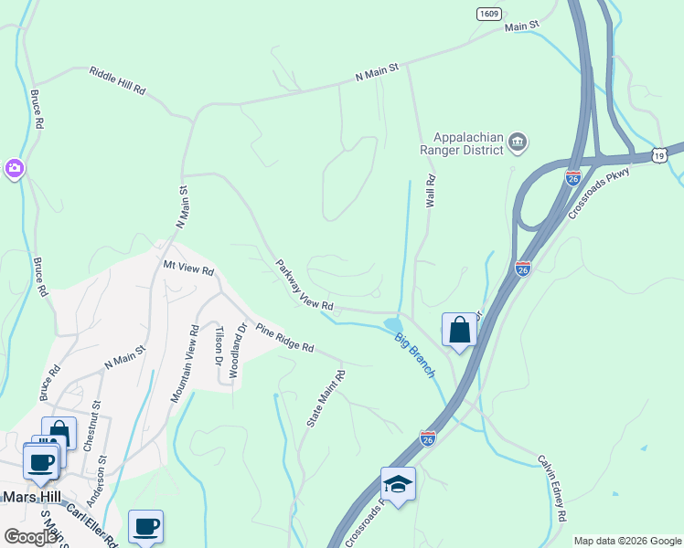 map of restaurants, bars, coffee shops, grocery stores, and more near 491 Parkway View Road in Mars Hill